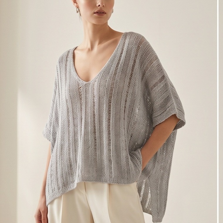 United Colors Of Benetton M Gray Slub Knit Oversized V-Neck Sweater Top Y2k